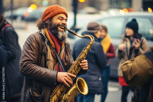 Street musician playing saxophone. Beautiful illustration picture. Generative AI
