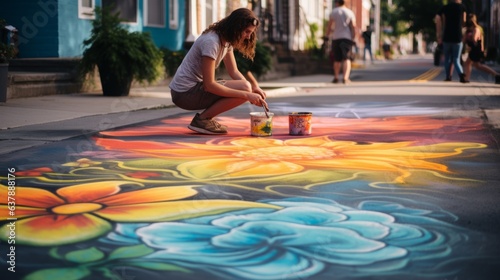 Chalk artist creates vibrant street art on the asphalt. Beautiful illustration picture. Generative AI