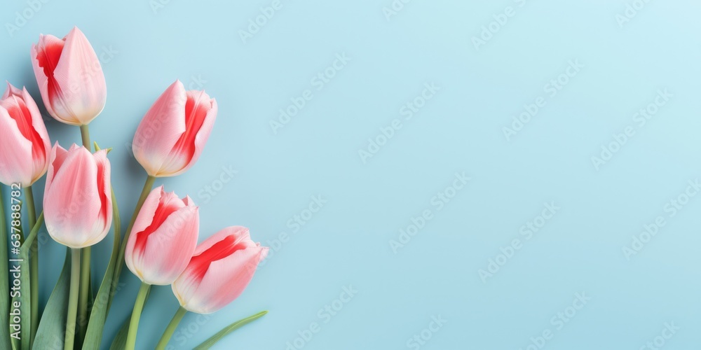Top view tulip flowers on light blue blank paper background, Copy space, generative ai. Mother's Day Concept. Feminine concept, generative ai