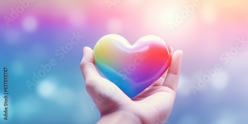 Woman hand holding colorful heart on background  Valentine s day concept  LGBTQ  generative ai