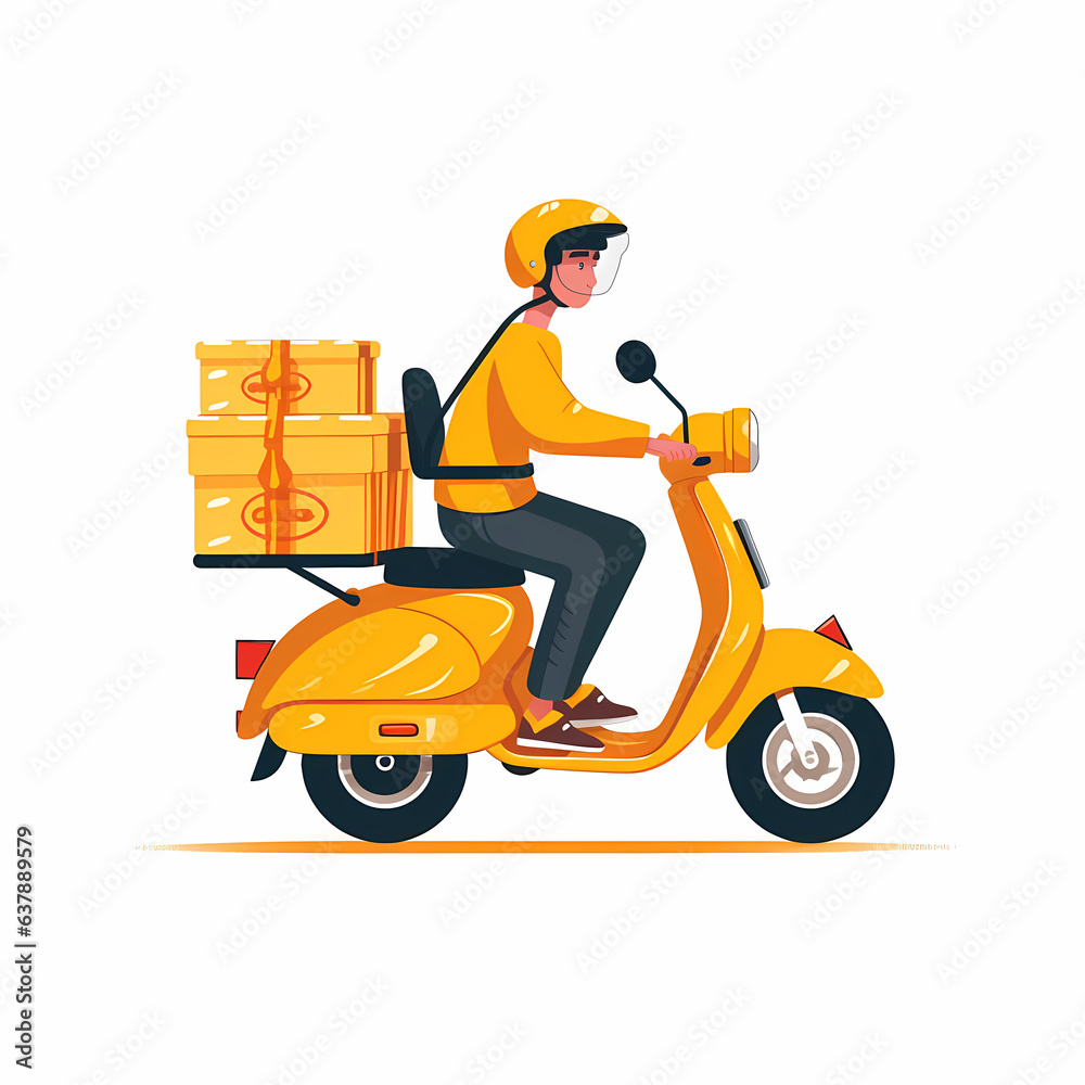Delivery rider on a yellow scooter, wearing a helmet and transporting a package in minimalist style. Perfect for illustrating courier and logistics services with modern, bright design Delivery rider on a yellow scooter, wearing a helmet and transporting a package in minimalist style. Perfect for illustrating courier and logistics services with modern, bright design