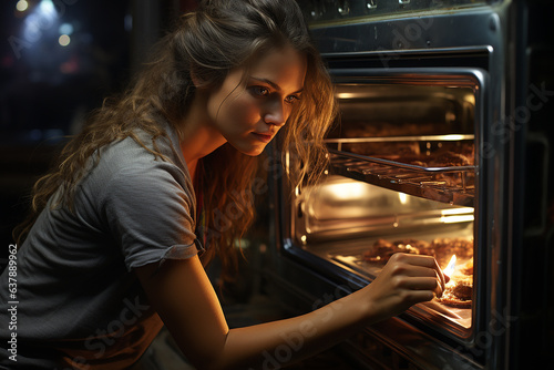 woman cooks in the oven