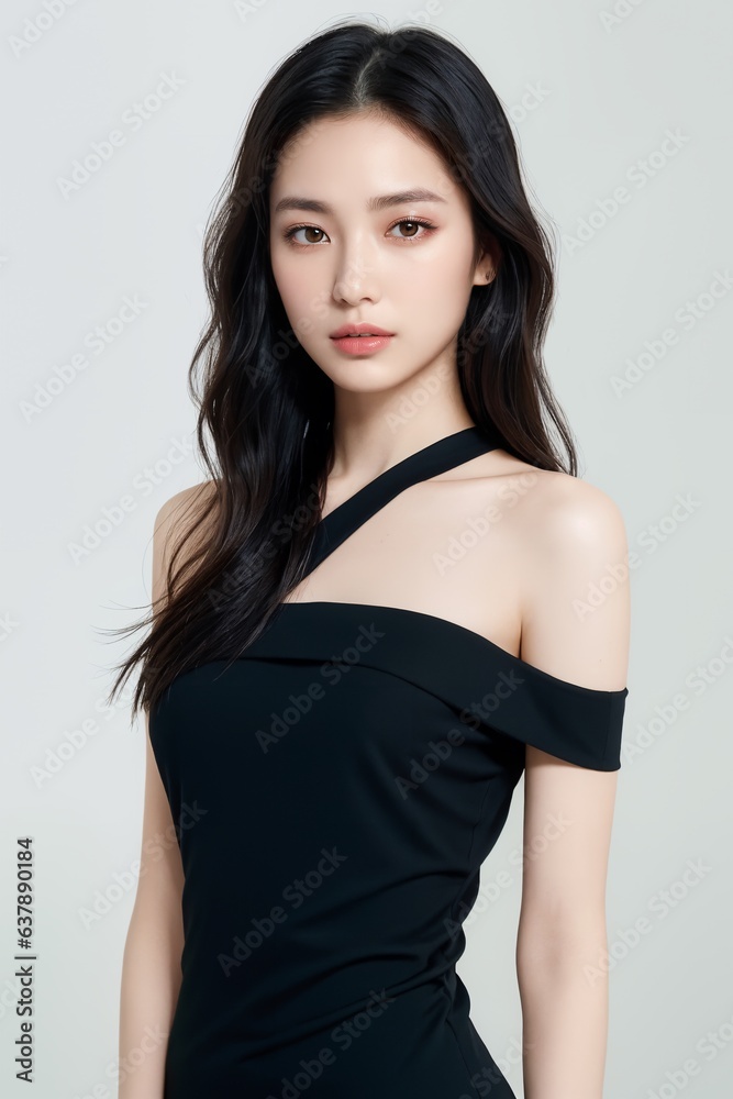 Portrait of beautiful Japanese women with black waves hairs, wearing