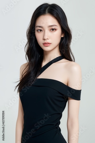 Portrait of beautiful Japanese women with black waves hairs, wearing floral shoulder top, looking graceful. photo