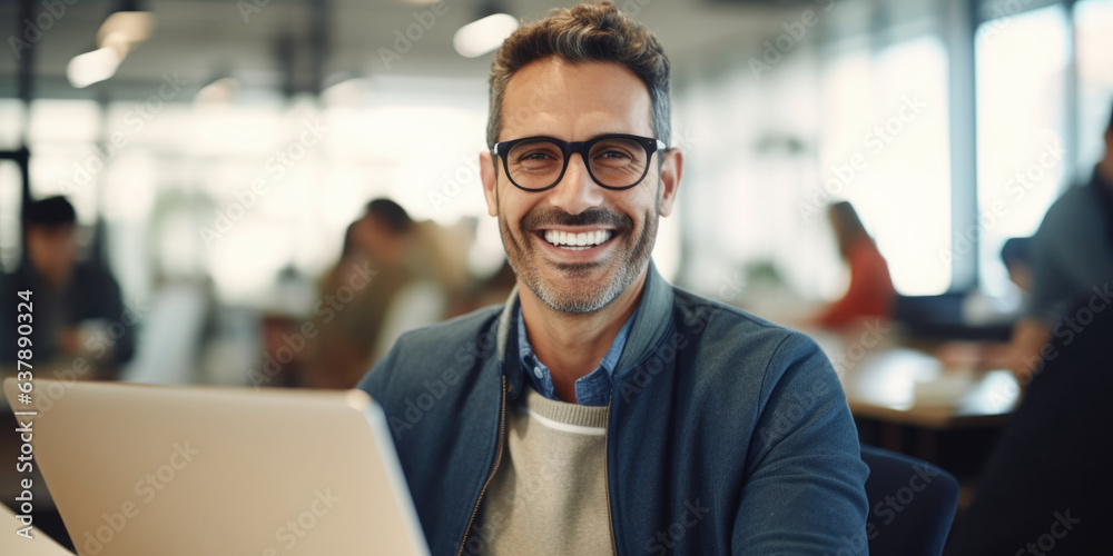 Businessman smiling using laptop computer sitting at worktable at modern office. Happy man, entrepreneur, small business owner working online, generative ai - obrazy, fototapety, plakaty 