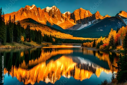 sunrise in the mountains and lake generated by AI tool