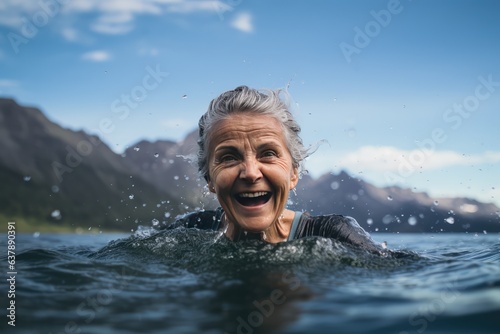 image of mature happy woman swim in the lake © Celina