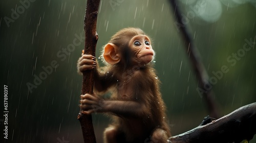 cute monkey baby infant firmly holding tree branch in jungle ,wild life 