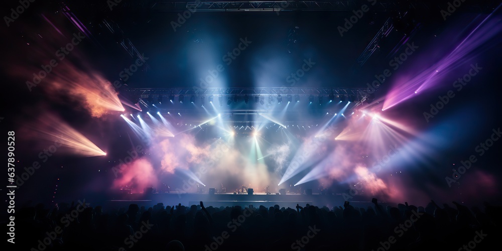 AI Generated. AI Generative. Stage scene event night live concerp show spotlight perfomance background. Light scene show mock up promotion 
