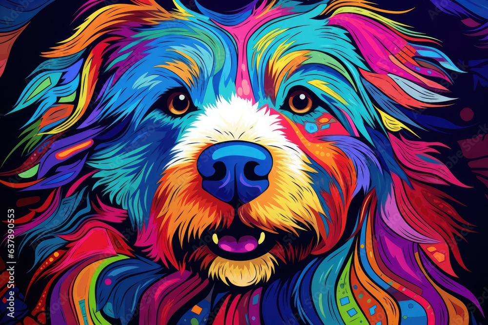 Abstract multicolored portrait of a dog on a black background.