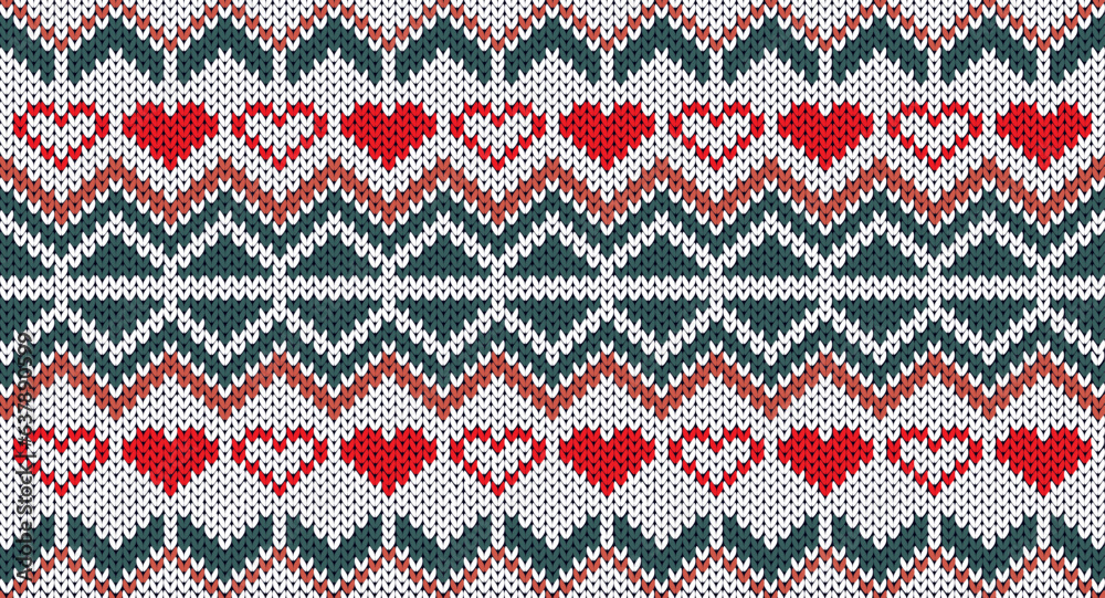 Green and red geometric on white knitting pattern, Festive Sweater Design, Chirtmas knitted,  Seamless Knitted Pattern, Christmas design.