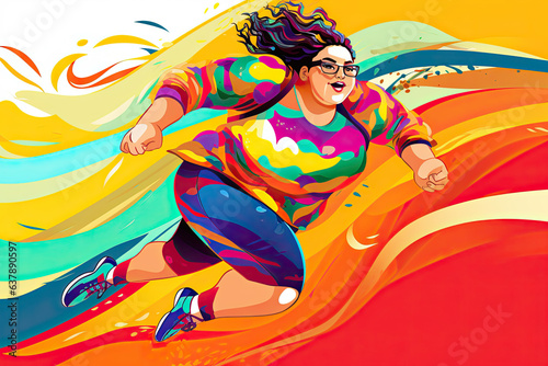 Plus size female runner in bright sportswear on a colorful background.