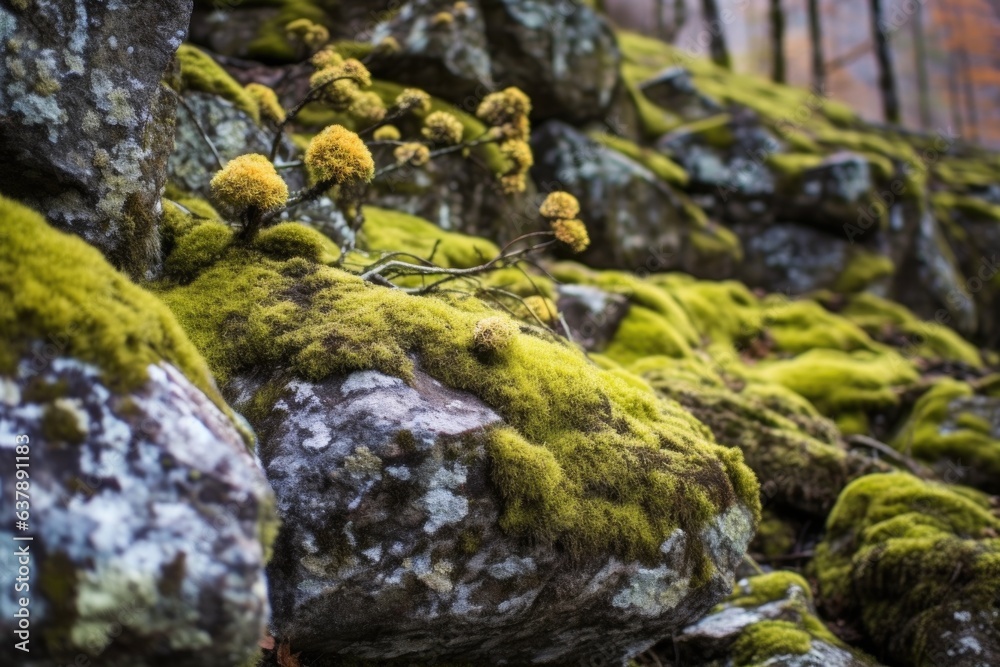 lichen growth on rocks near a mountain stream lichen growth on rocks near a mountain stream