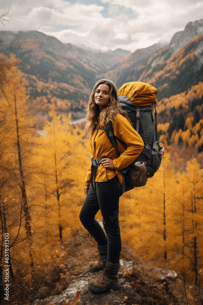 active young caucasian woman hiking travelling in mountains with backpack, Generative AI
