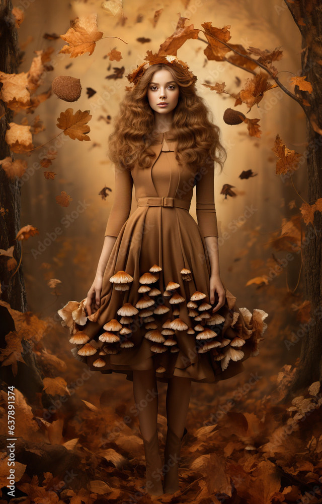 mysterious autumn woman in brown dress, mushrooms, halloween witch, Generative AI