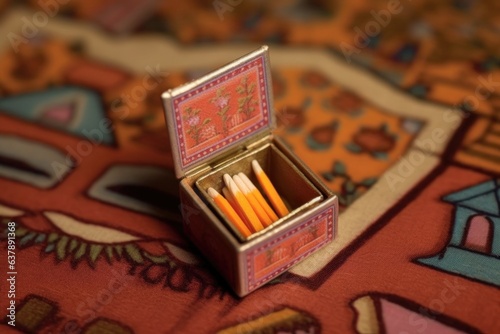 top view of matchbox with one matchstick ignited
