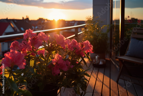 pink flowers on cozy balcony at sunset, Generative AI