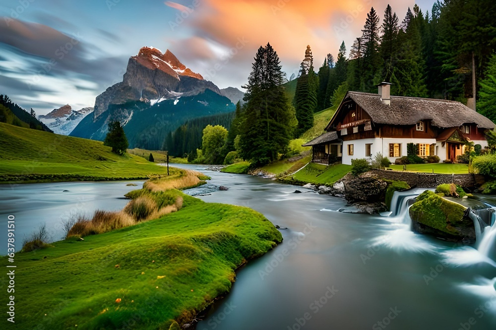 Naklejka premium landscape with lake and mountains generated by AI tool