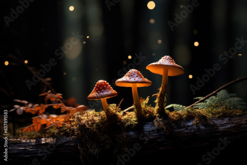 close up of Fly Agaric Amanita muscaria mushroom in the autumn forest, Generative AI photo