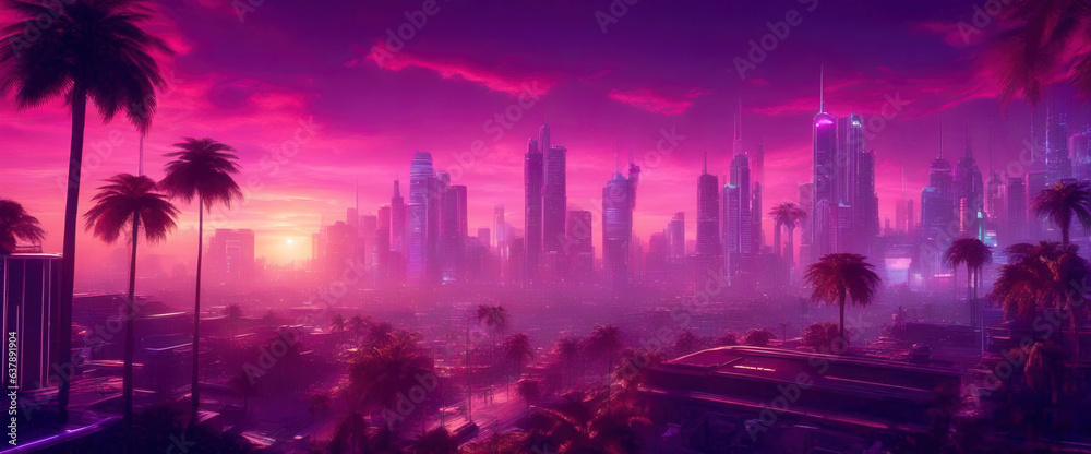 A wide-angle shot of a futuristic city panorama in a purple haze against a sunset sky. Fantasy illustration in cyberpunk style. Futuristic city scene in a style of sci-fi art. 80's wallpaper.