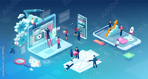 Vector of software development team working on new startup, mobile app creation, website design