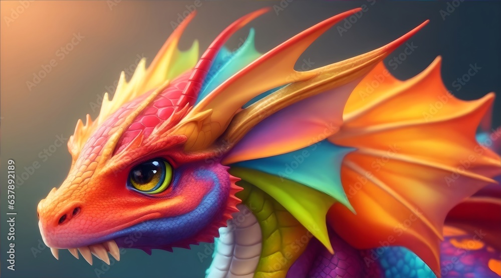 An up-close view of a vibrant dragon reveals sparkling eyes, multicolored scales, and iridescent wings.