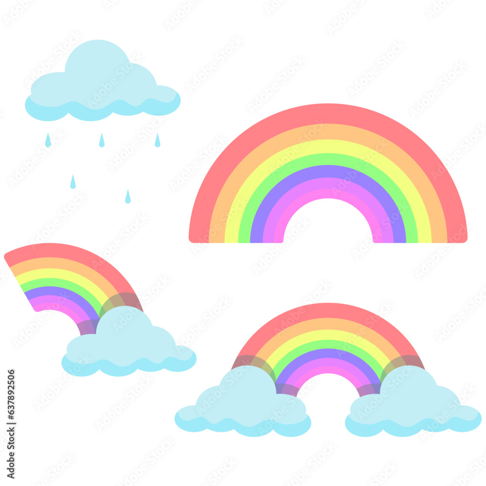 Rainbow and cute clouds with rain isolated on white background in pastel colors.