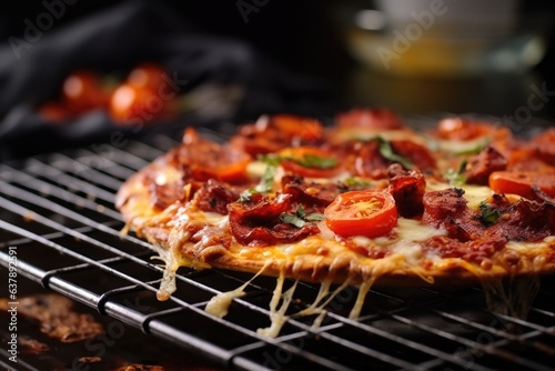 steaming hot homemade pizza on cooling rack
