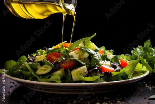olive oil drizzling over a mixed salad