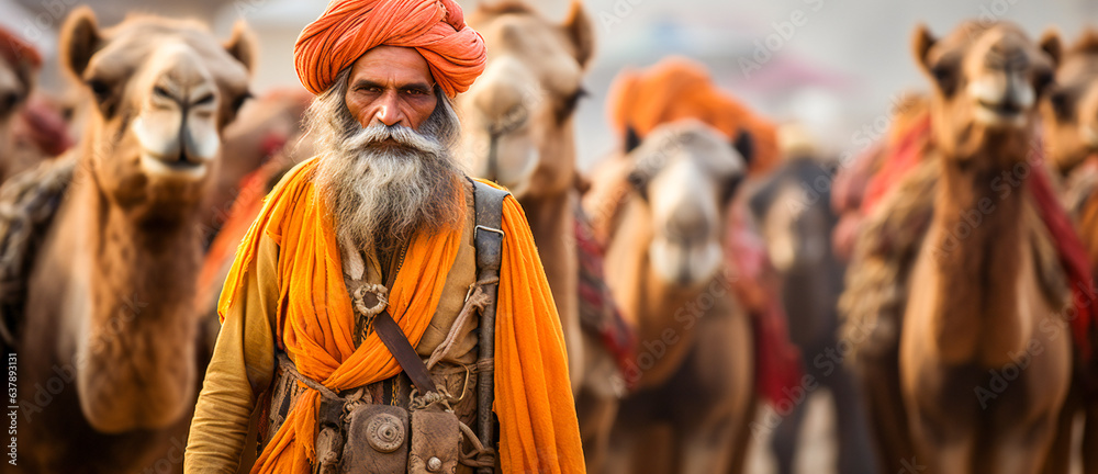 Indian old man leading a camels caravan through the desert