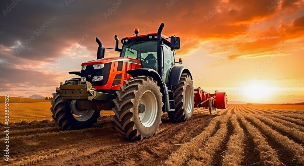 Red tractor working in the field at sunset Red tractor working in the field at sunset