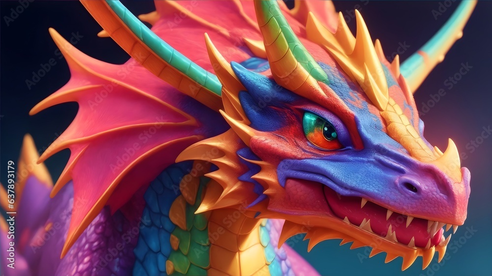 An up-close view of a vibrant dragon reveals sparkling eyes, multicolored scales, and iridescent wings. An up-close view of a vibrant dragon reveals sparkling eyes, multicolored scales, and iridescent wings.