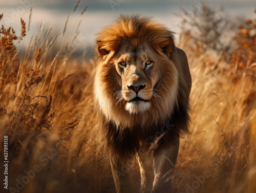 Male lion stands in safari © Artemiy