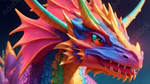An up-close view of a vibrant dragon reveals sparkling eyes, multicolored scales, and iridescent wings. © FiFA