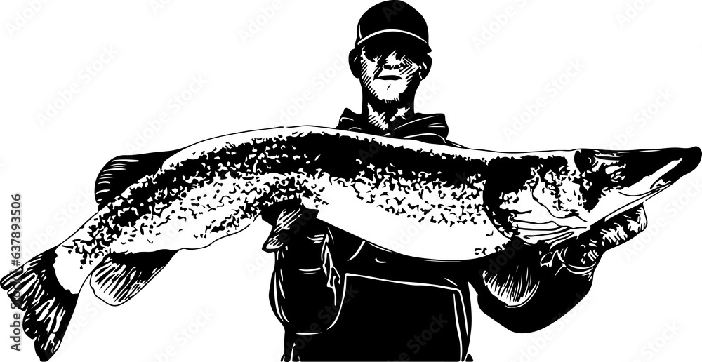 Fototapeta premium The fisherman has caught a big fish and is holding it in his hands. Art & Illustration