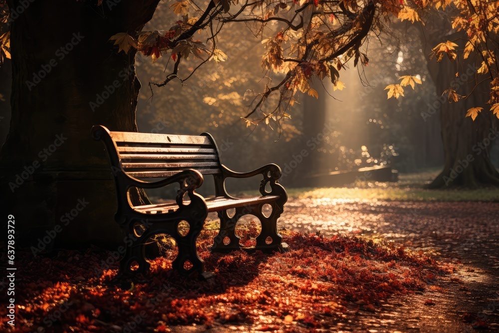 Abandoned wooden bench in a park covered with autumn leaves - Time's Passage - AI Generated