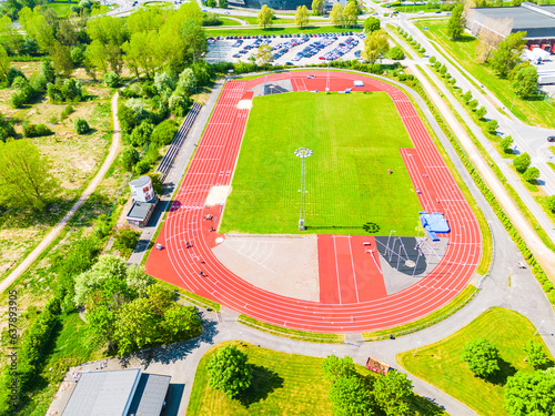 Aerial view of track and field stadium