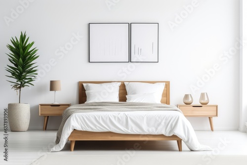 Minimalist Scandinavian bedroom design with white walls and wooden furniture - AI Generated © Arthur
