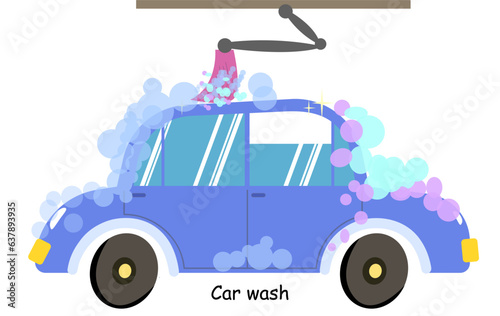 Blue car in bubbles. Auto Service washing, clean car. cute Vector illustration isolated.