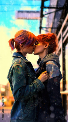 Alternative looking modern teenage lesbian couple kissing on the street generative ai
