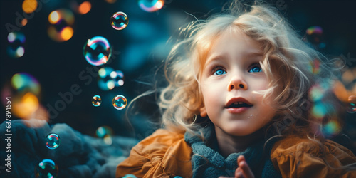 A child blowing bubbles at birthday party. Generative AI