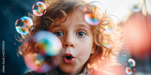 A child blowing bubbles at birthday party. Generative AI