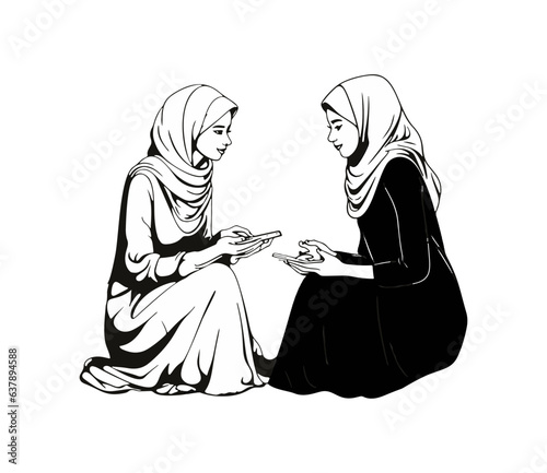 Muslim ladies taking care of a friend. Woman supporting each other. Hijab arab characters. Friendship relationship. Flat design illustration