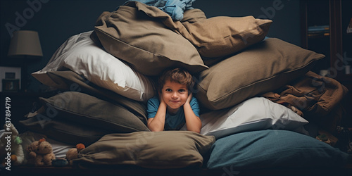 Canvastavla A child building a fort in the living room with blanket and pillows