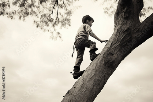A child climbing a tree and looking out at the view around. 