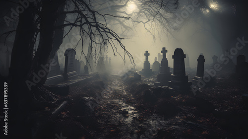Amidst crumbling tombstones and ancient trees, fog drifts over a graveyard. Ethereal apparitions glide through the mist, evoking a sense of eerie beauty.  © CanvasPixelDreams