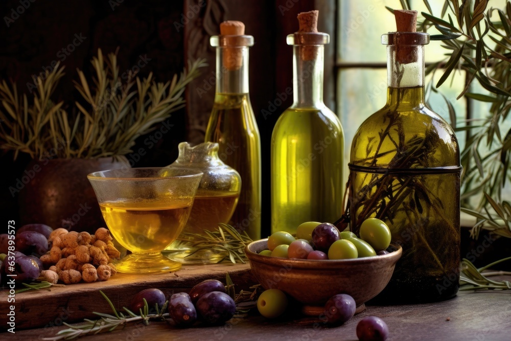 olive oil bottles with raw olives and branches in the background olive oil bottles with raw olives and branches in the background