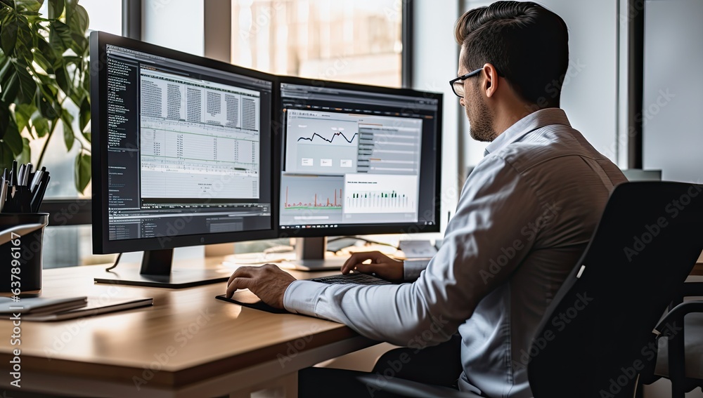 rear view of trader using computer with charts on screen in office