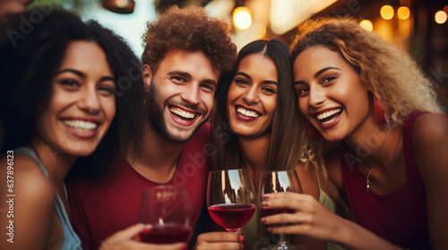 Group of cheerful friends having wine at party