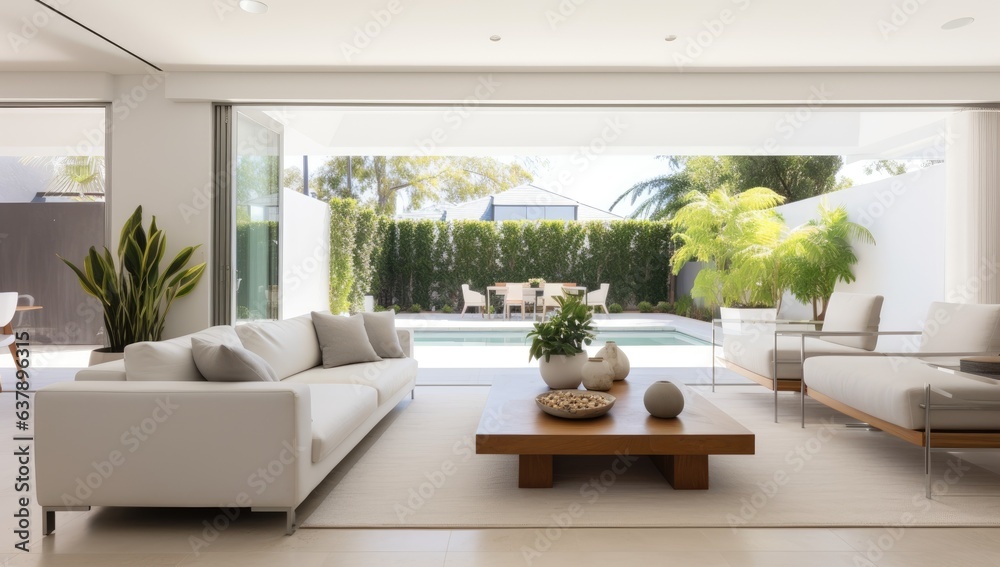 Fototapeta premium Interior of a modern living room with white sofa and coffee table